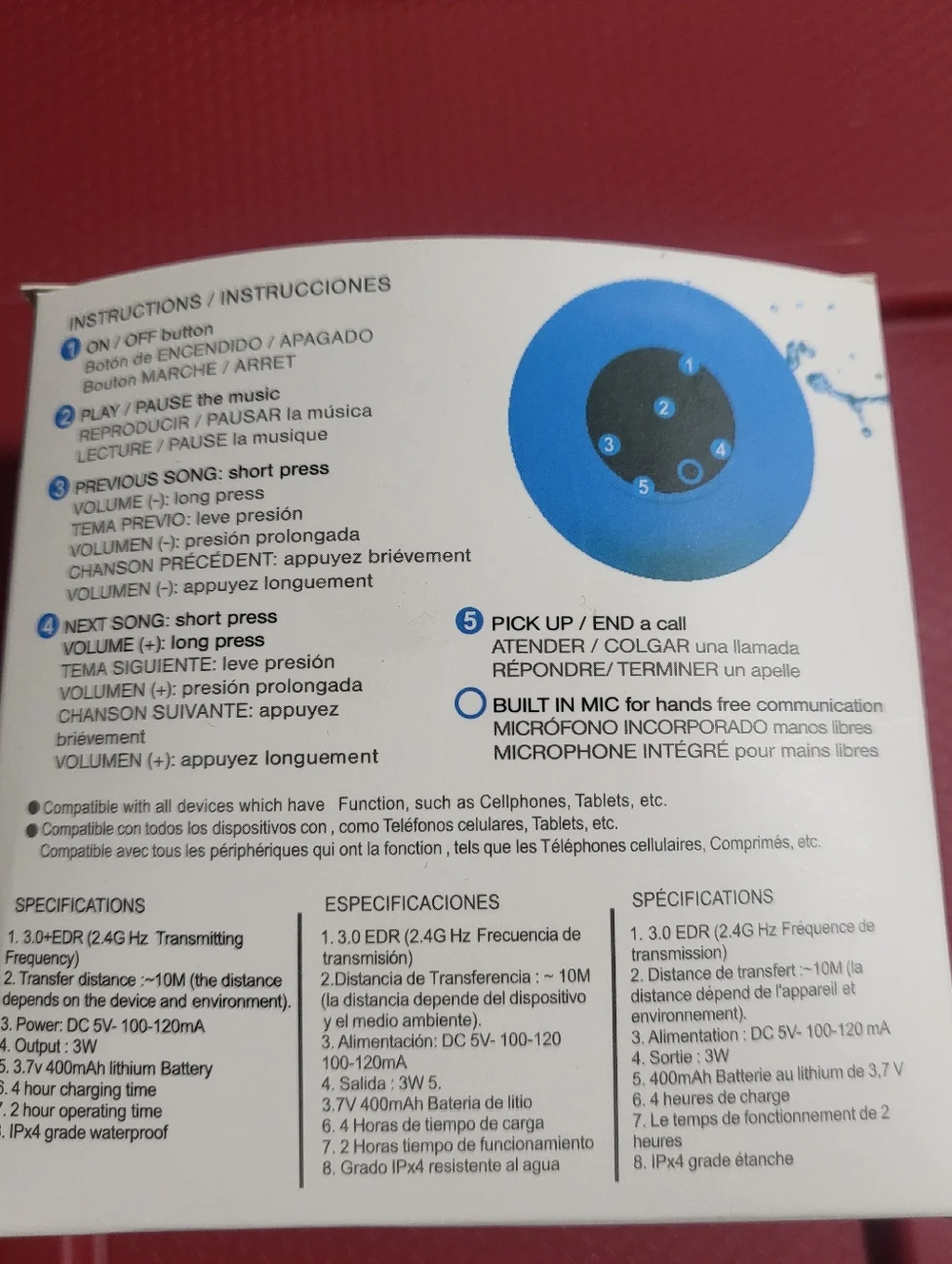 Portable Bluetooth Shower Speaker with Built-In Microphone W/stickers